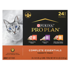Purina Pro Plan pack frontal mostrando 24 latas y variedad de sabores