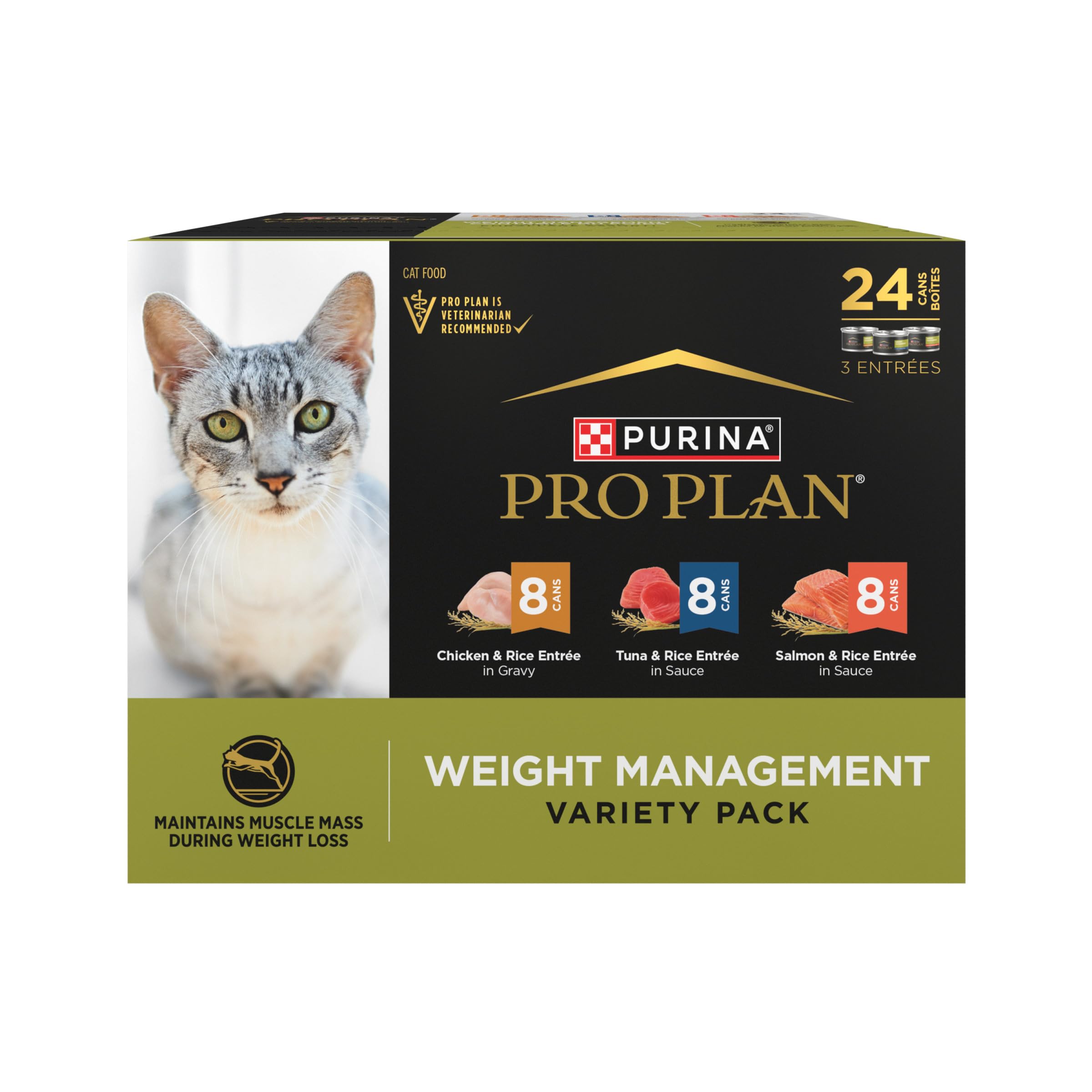 Purina Pro Plan pack frontal mostrando latas variadas y beneficio conveniencia