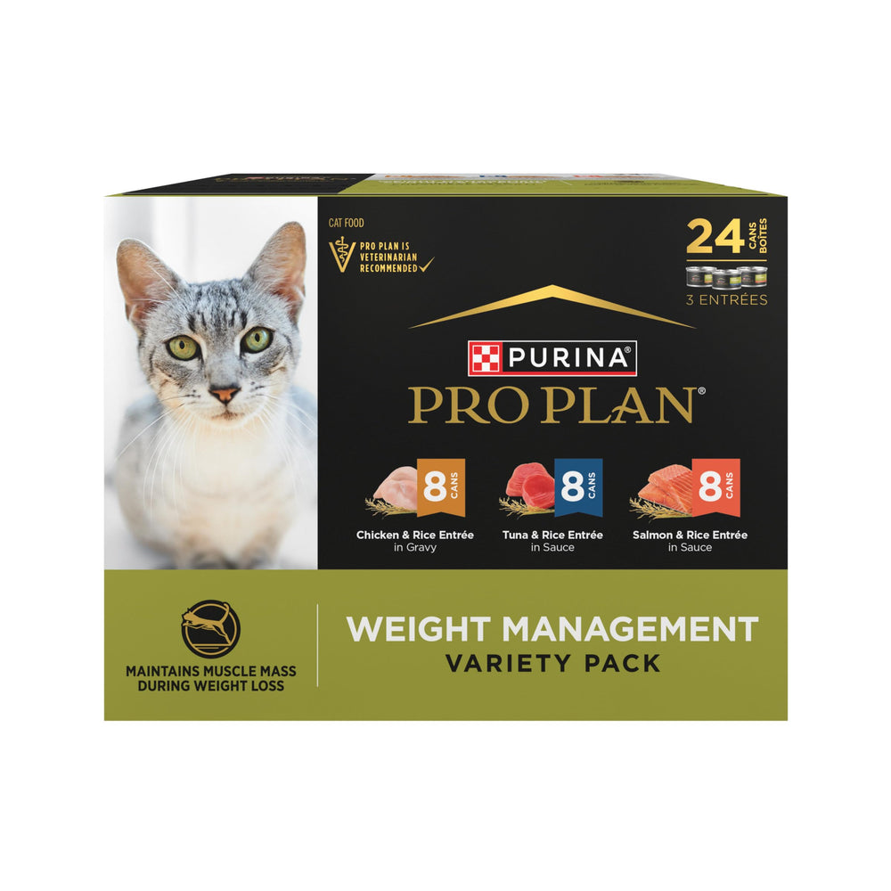 Purina Pro Plan pack frontal mostrando latas variadas y beneficio conveniencia