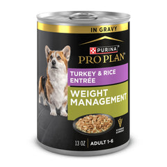 Purina Pro Plan frontal de lata mostrando pavo y arroz, ideal para control de peso