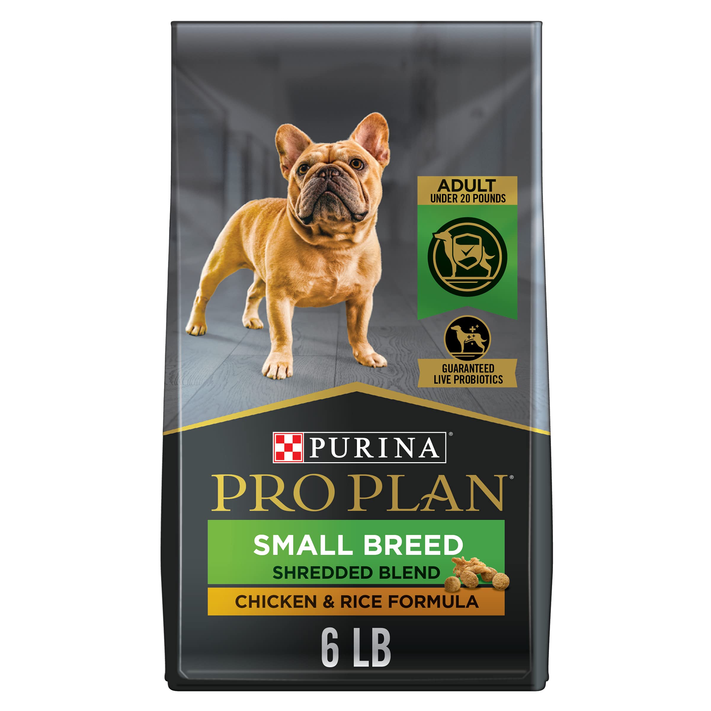 Purina Pro Plan empaque frontal mostrando 6 lb y fórmula para razas pequeñas