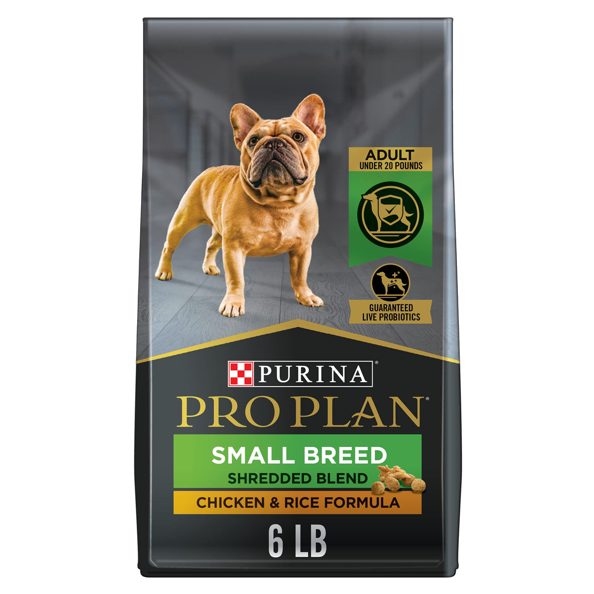 Purina Pro Plan empaque frontal mostrando 6 lb y fórmula para razas pequeñas