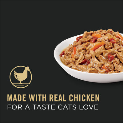Purina Pro Plan textura en salsa con pollo, apetitosa y jugosa