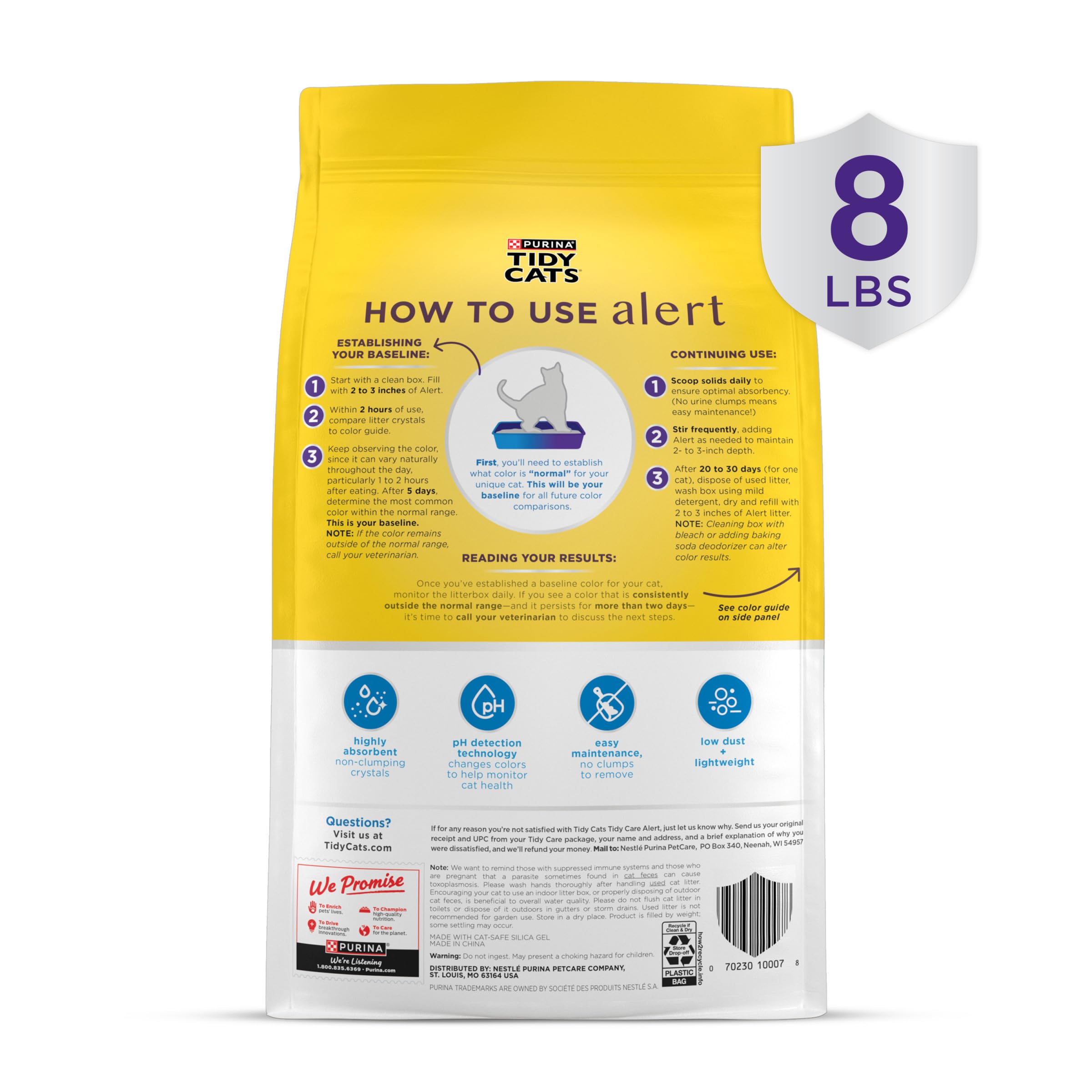Purina Tidy Cats ambientado en baño hogareño mostrando bandeja limpia y control de olores