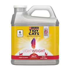 Purina Tidy Cats frontal del jugo mostrando empaque fácil de transportar y peso reducido
