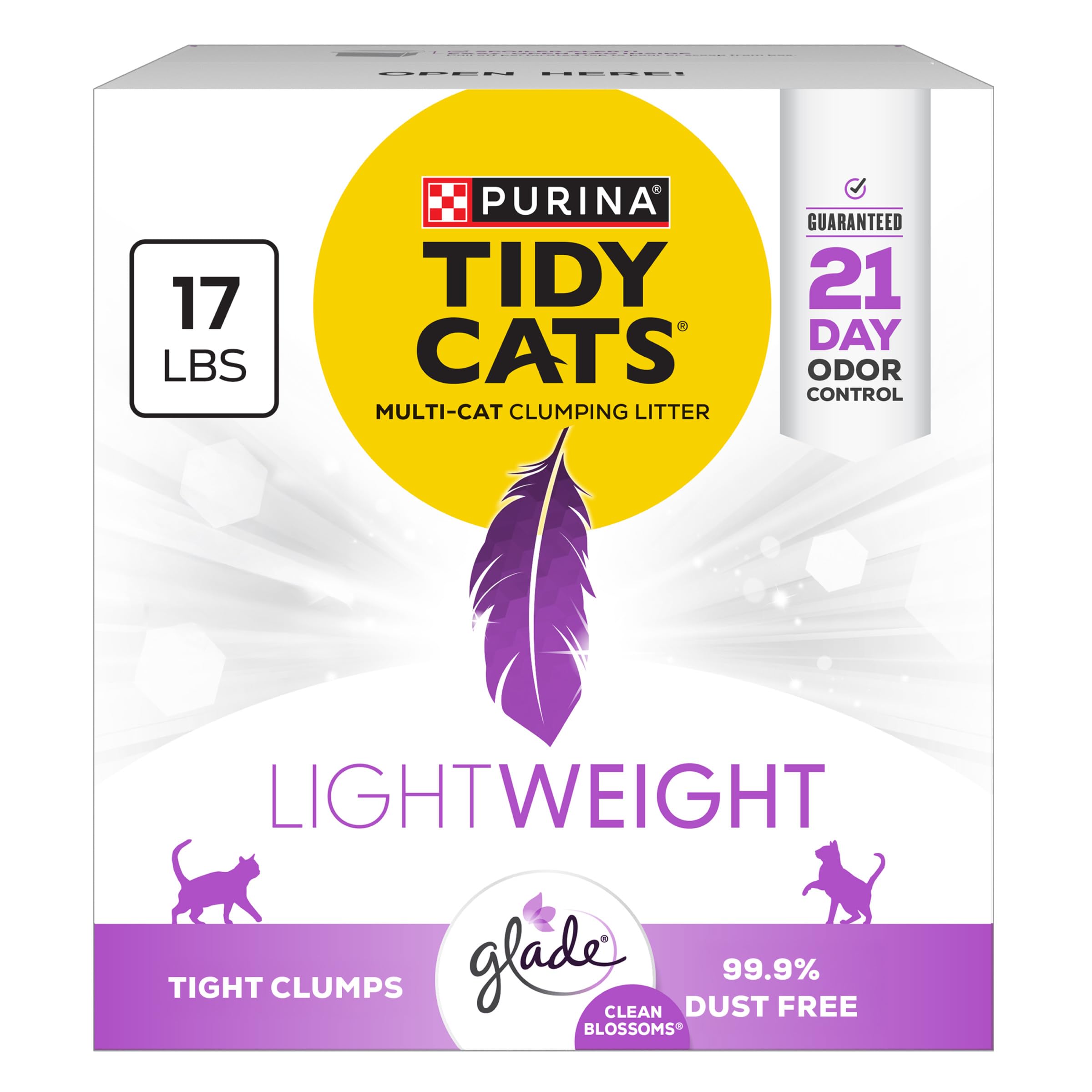 Purina Tidy Cats front packaging showing Glade Clean Blossoms scent and benefit