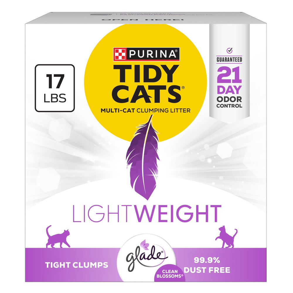 Purina Tidy Cats front packaging showing Glade Clean Blossoms scent and benefit