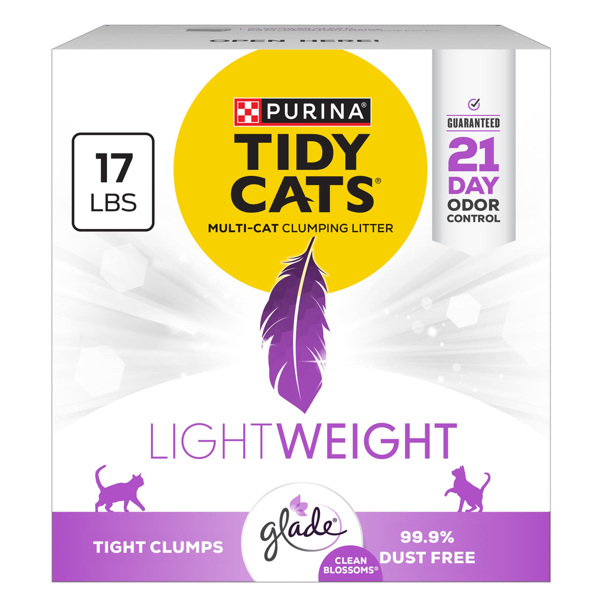 Purina Tidy Cats front packaging showing Glade Clean Blossoms scent and benefit