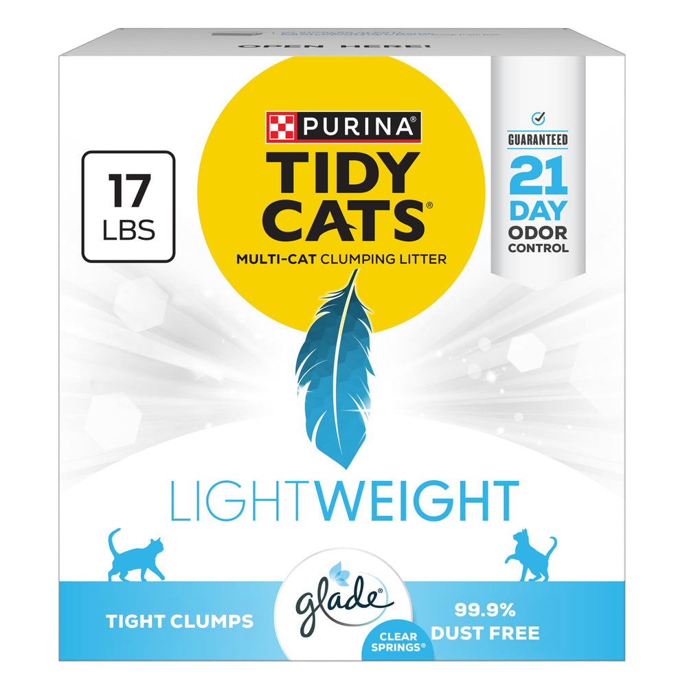 Purina Tidy Cats front packaging showing 17 lb lightweight bag and branding benefit ease