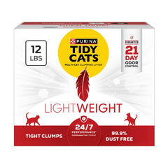 Purina Tidy Cats embalaje frontal mostrando tamaño y beneficiode ligereza