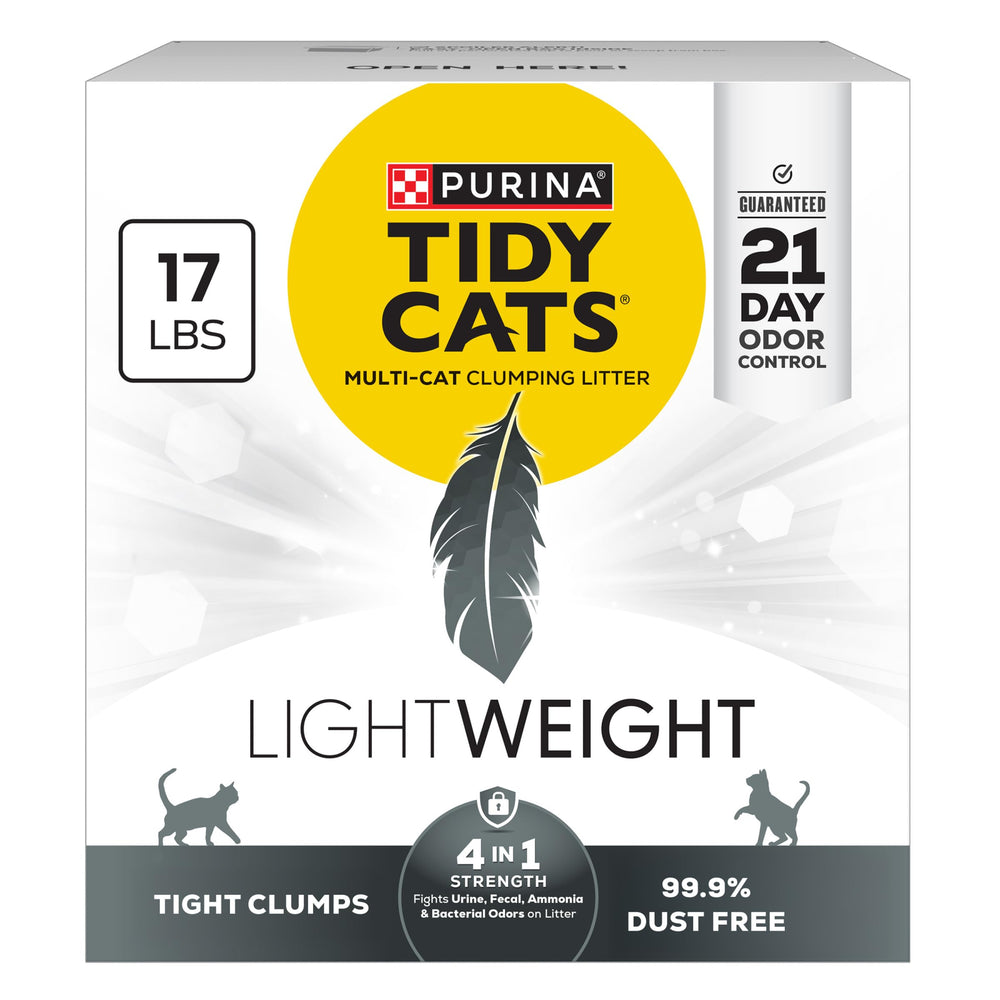 Purina Tidy Cats paquete frontal mostrando 17 lb y beneficios de control de olor