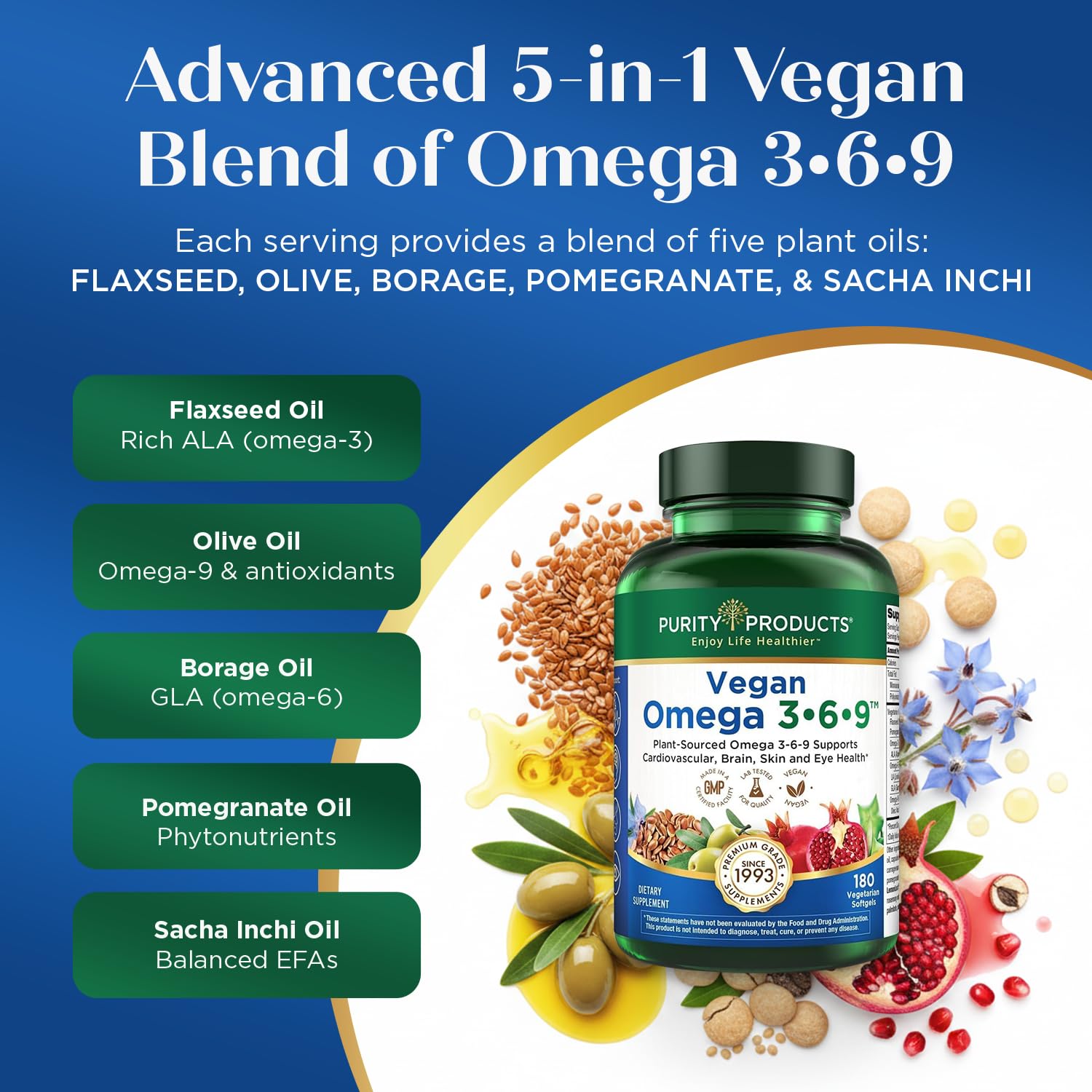 Purity Products etiqueta nutricional legible mostrando proporciones de omegas