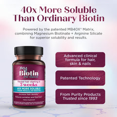 Purity Products cápsula en primer plano indicando MyBiotin ProClinical y fácil ingestión