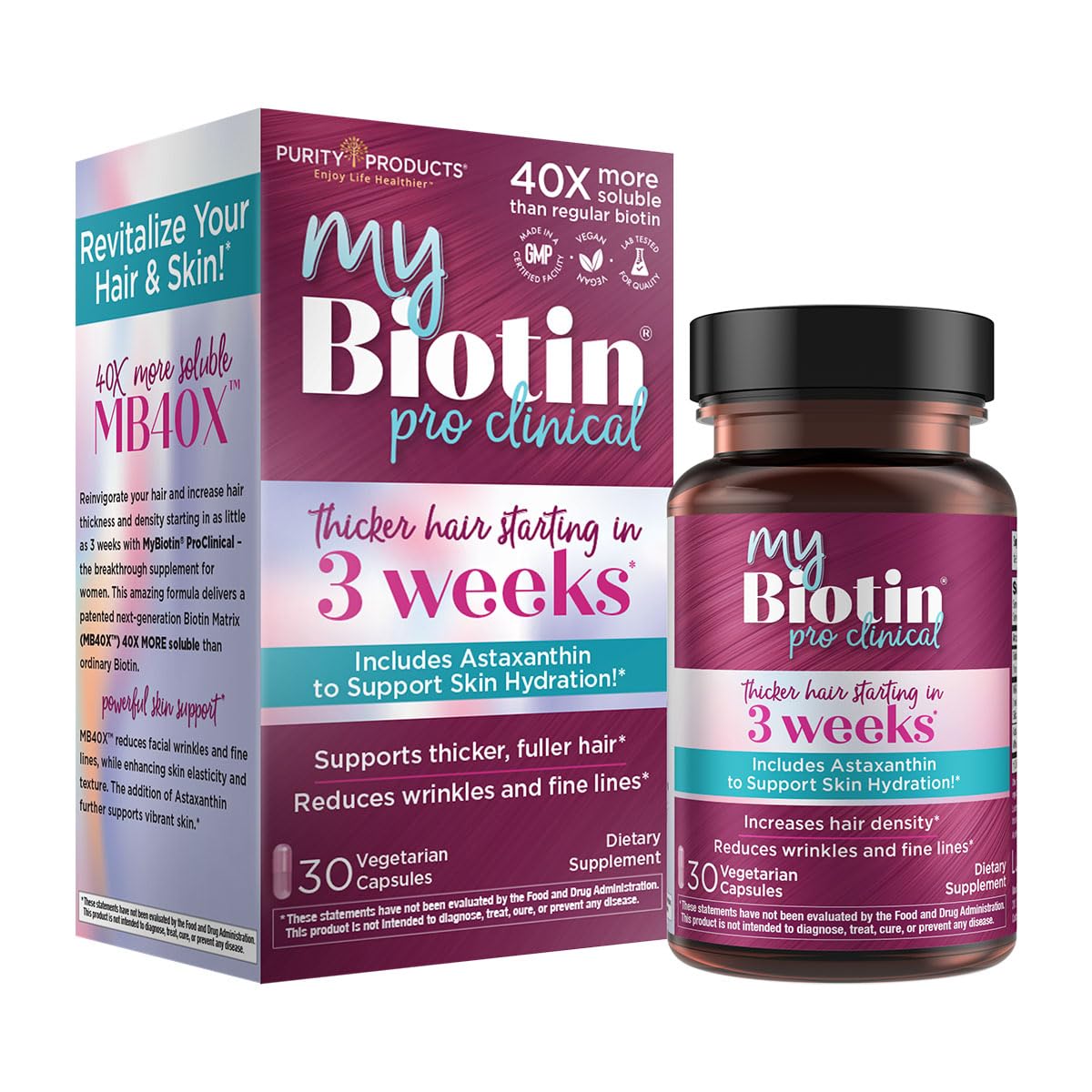 Purity Products botella frontal mostrando MyBiotin ProClinical y beneficio de densidad capilar