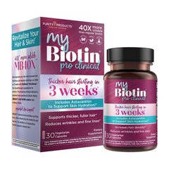 Purity Products botella frontal mostrando MyBiotin ProClinical y beneficio de densidad capilar