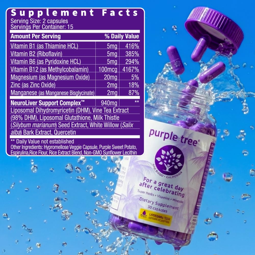 purple tree caja abierta con blister y cápsulas, presentación completa del producto