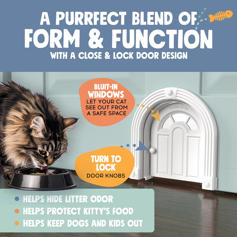 Purrfect Portal Meow Manor gato usando la puerta, facilita acceso sin estrés