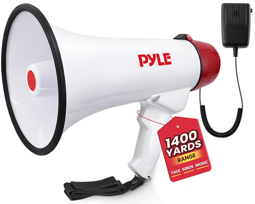 Pyle megáfono frontal mostrando diseño bullhorn y proyección clara