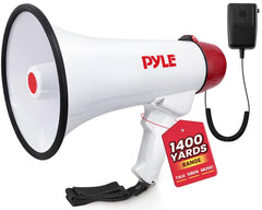 Pyle megáfono frontal mostrando diseño bullhorn y proyección clara
