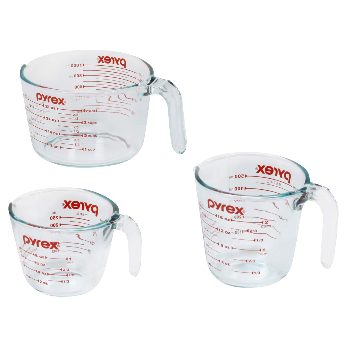 Pyrex front packaging showing the 3-piece cup set and clear markings benefit accuracy