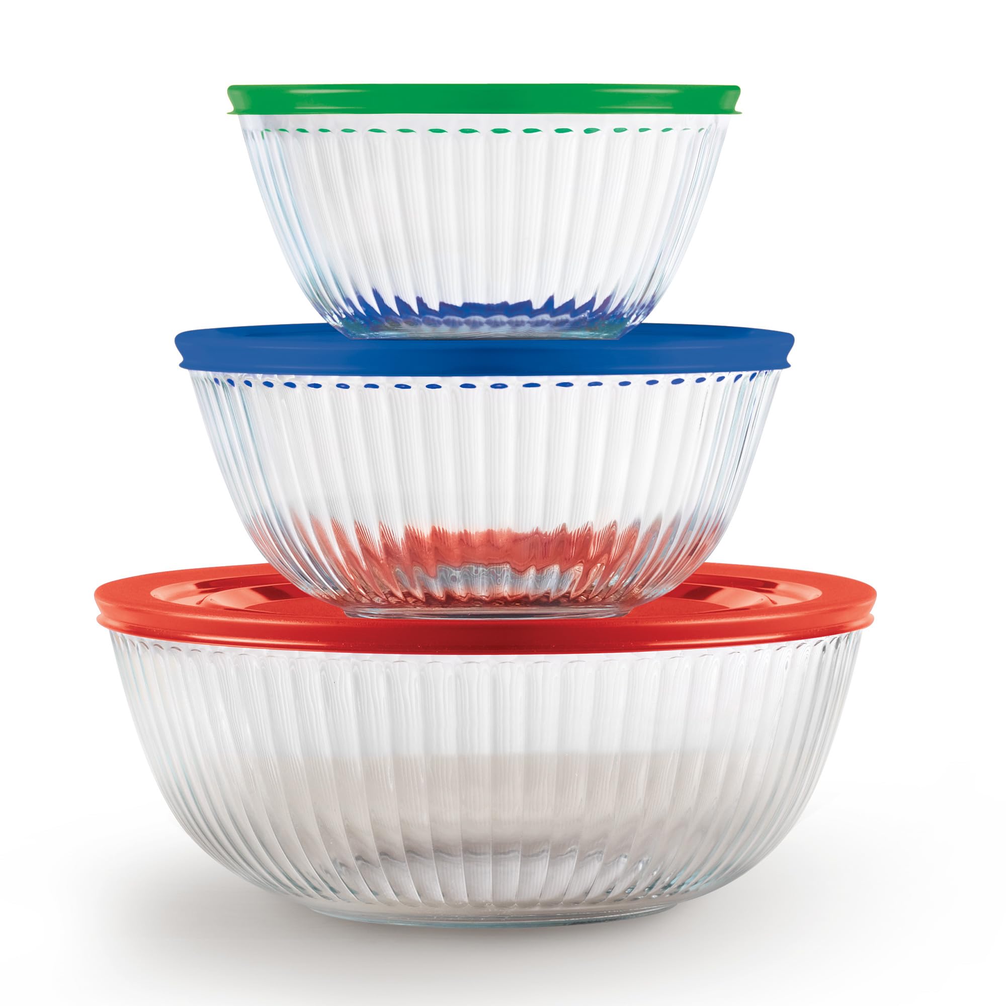 Pyrex cuencos frontal con tapas muestra versatilidad y ahorro de espacio