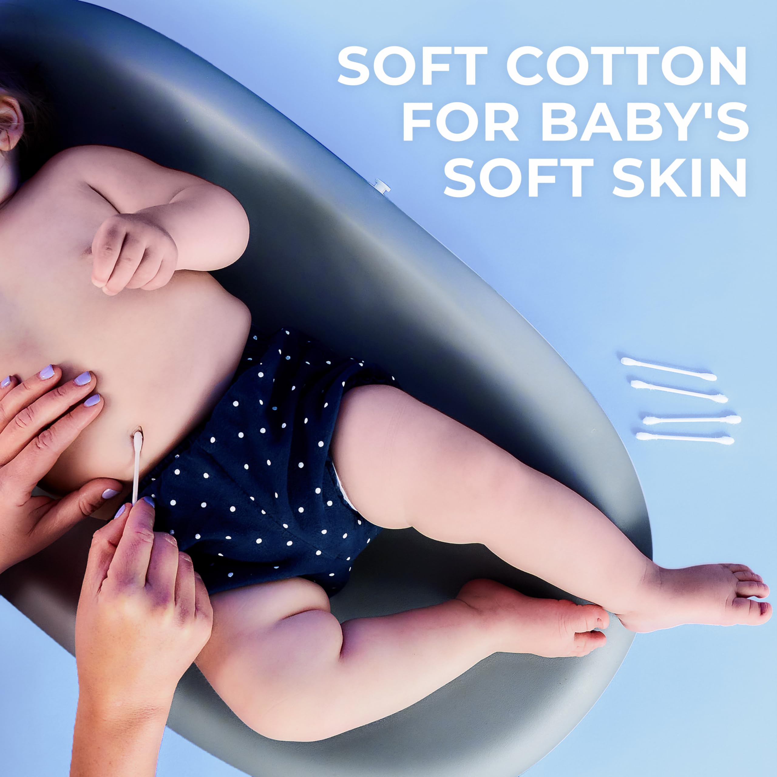 Q-tips gently cleaning baby's navel showing safe, soft care