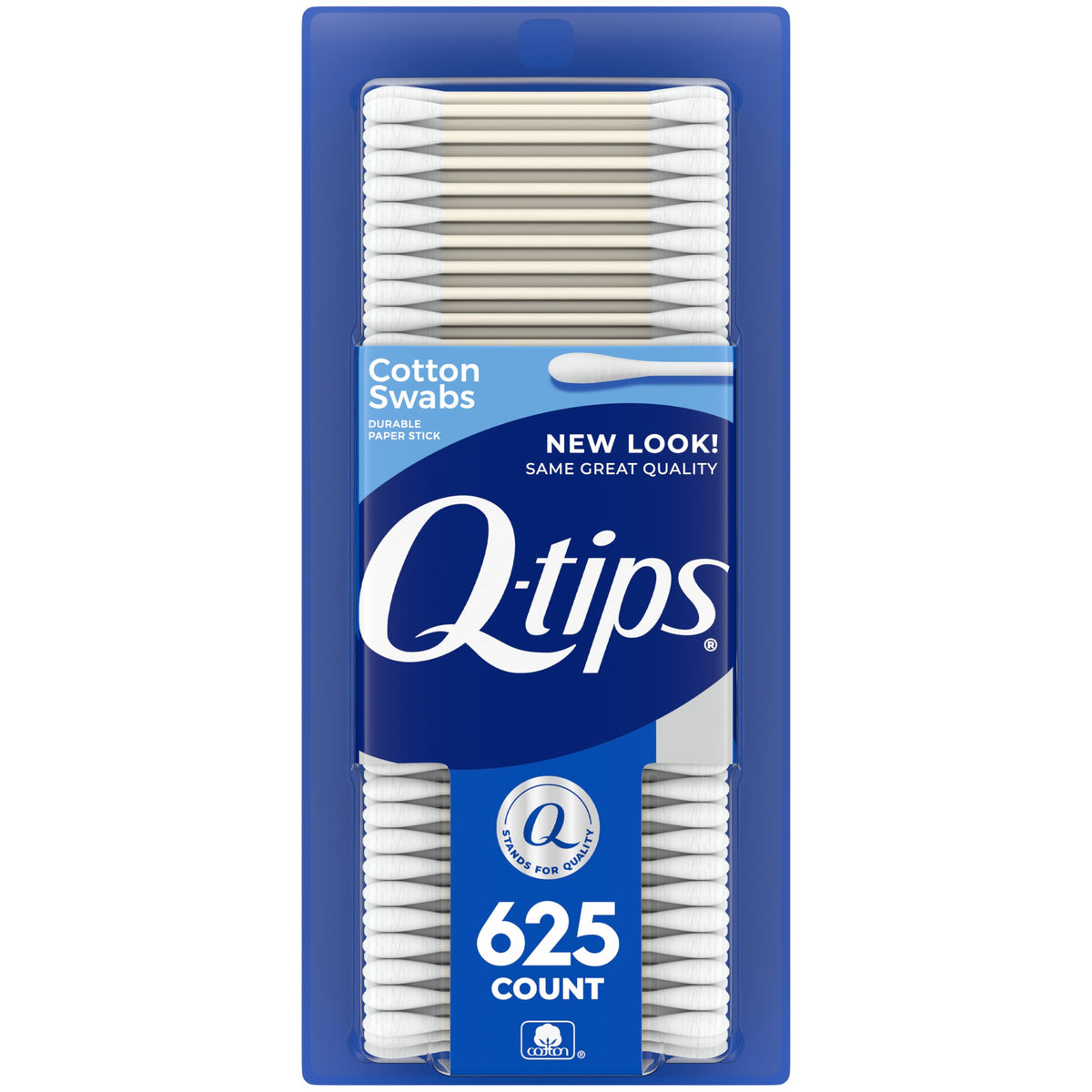 Q-tips front packaging 625 count showing product and recyclable benefits