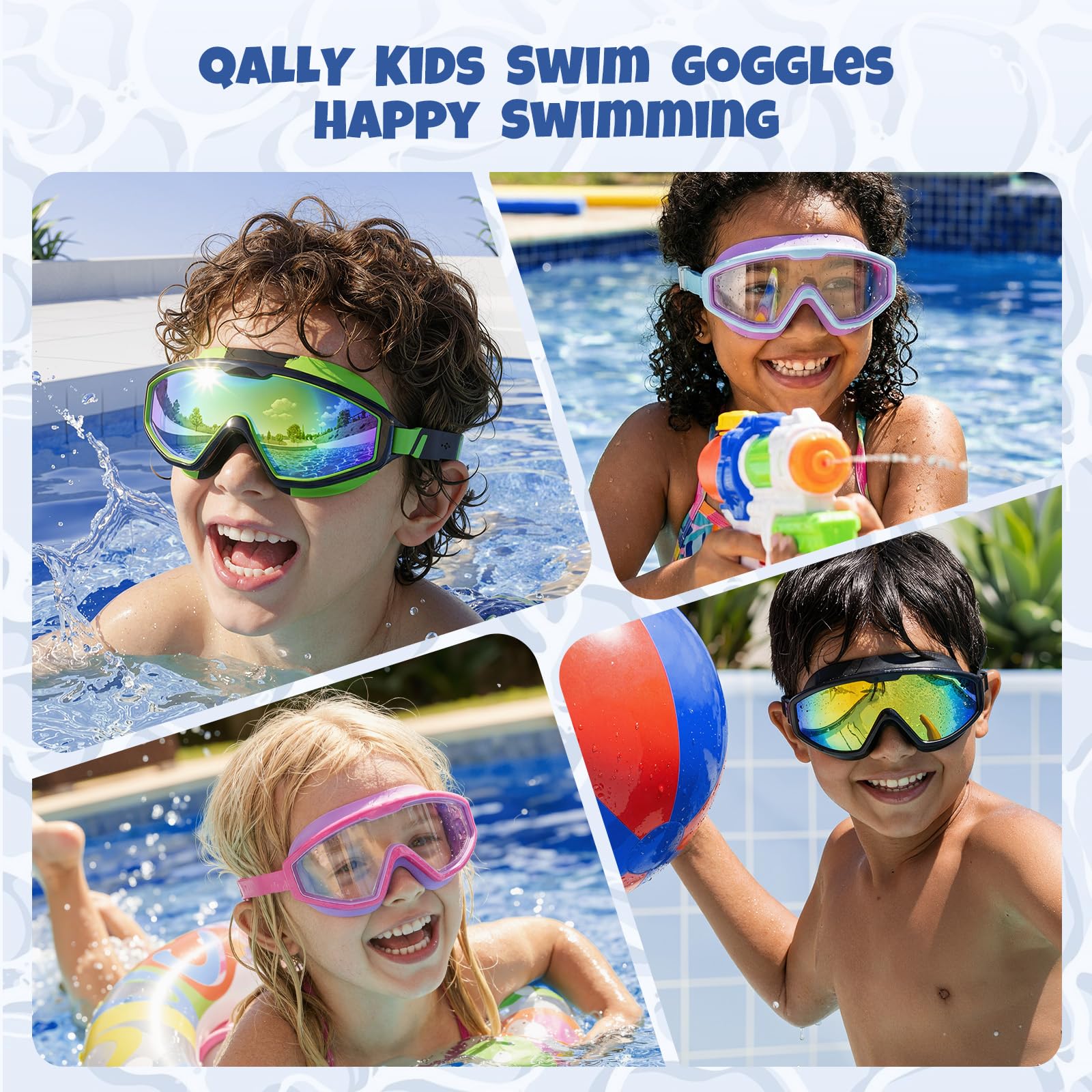 QALLY niño usando gafas en piscina con visión clara y segura