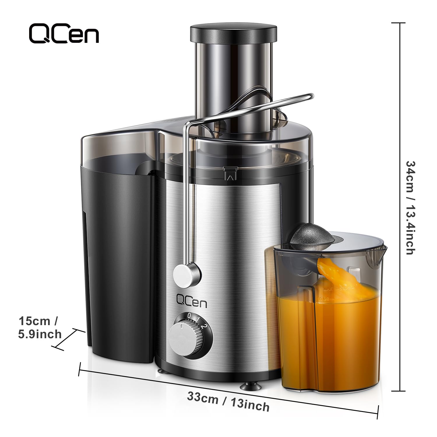 QCen máquina junto a una manzana para comparar tamaño y capacidad