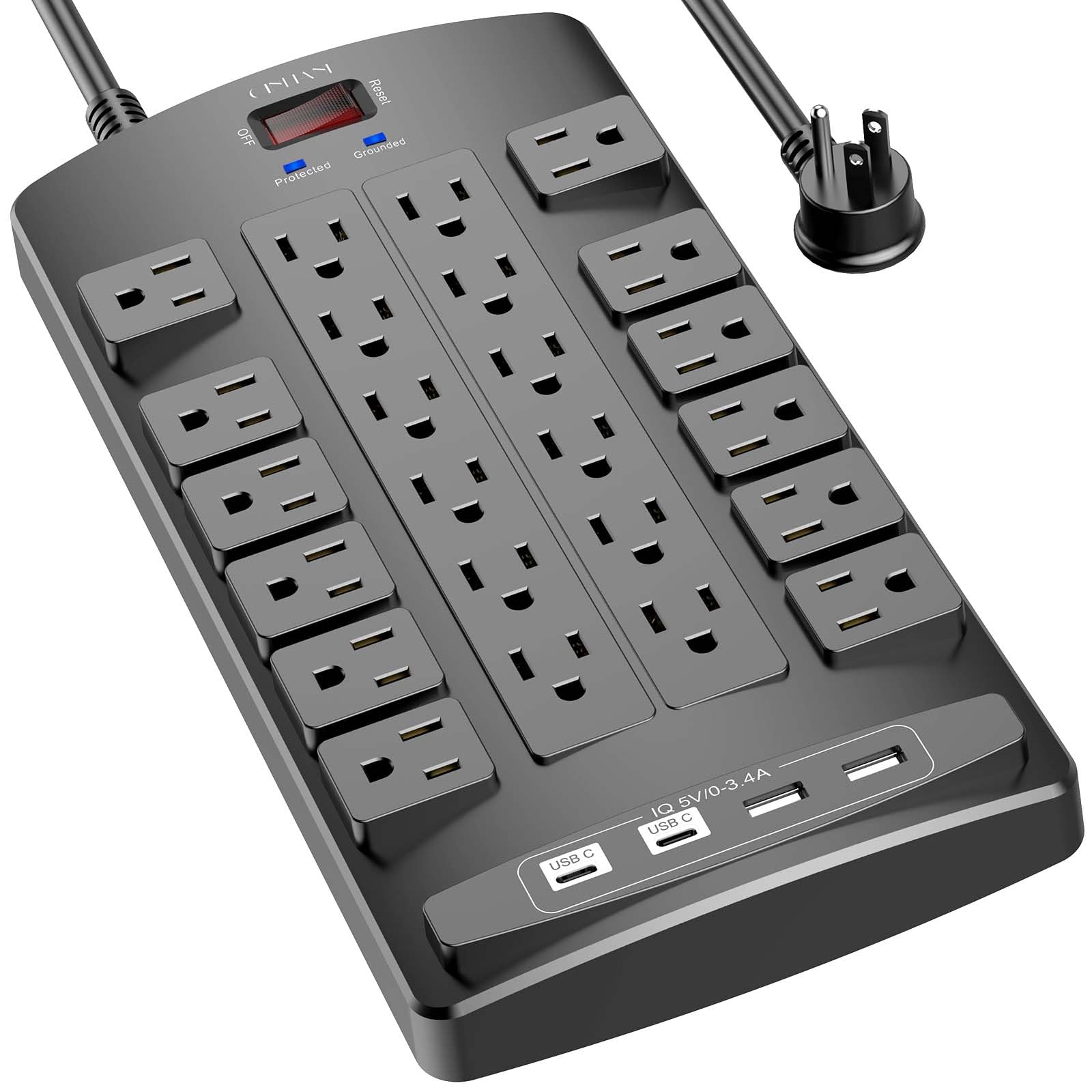 QINLIANF vista frontal con 24 enchufes y 4 puertos USB mostrando capacidad