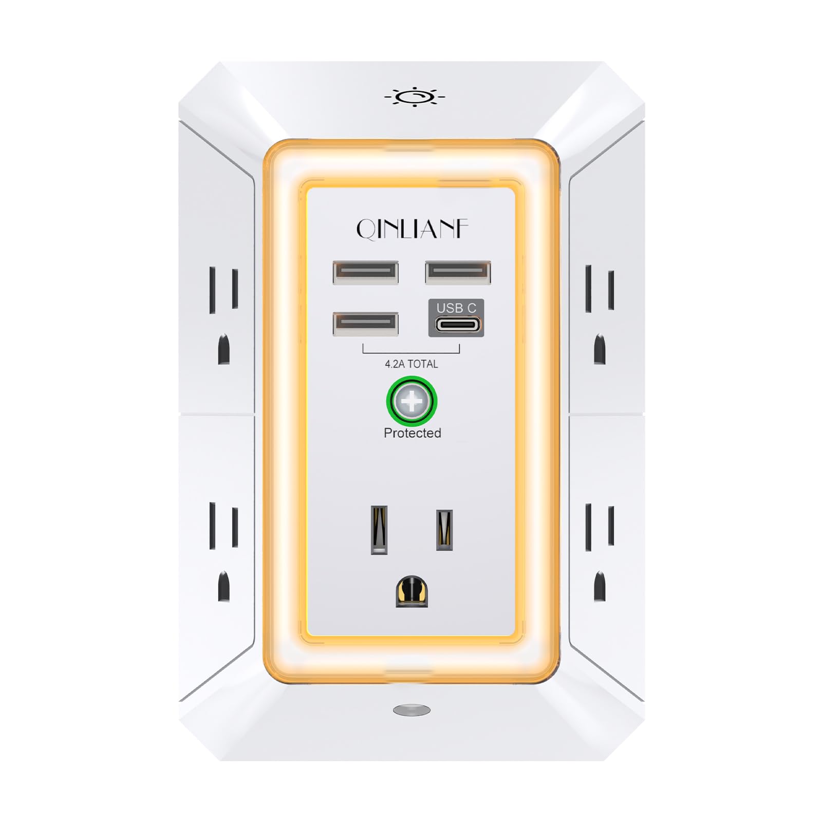 QINLIANF frontal de la regleta mostrando enchufes y puertos USB, organización eficiente