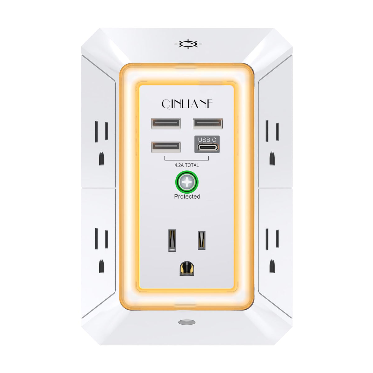 QINLIANF frontal de la regleta mostrando enchufes y puertos USB, organización eficiente
