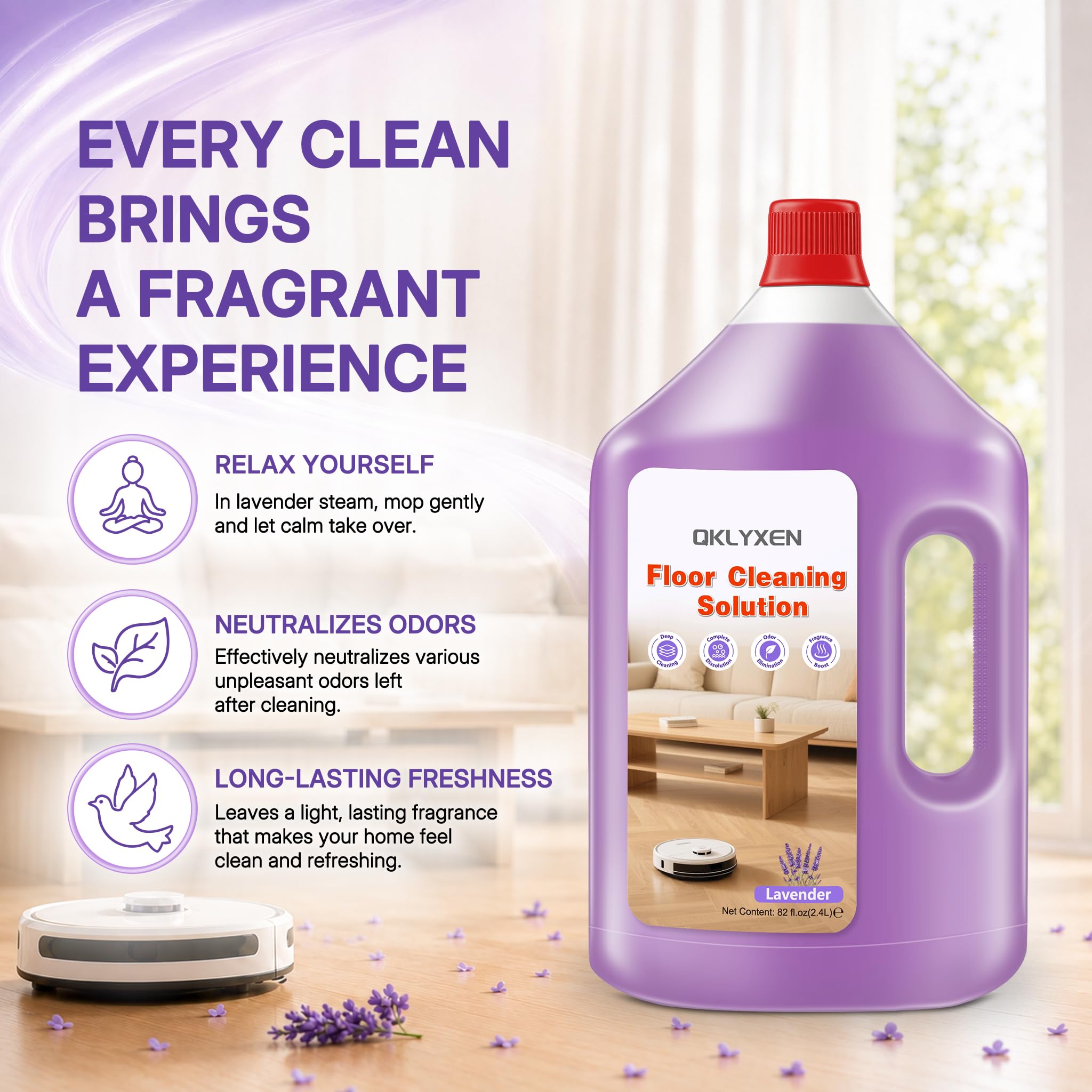 QKLYXEN botella abierta con vapor de lavanda evocando fragancia duradera