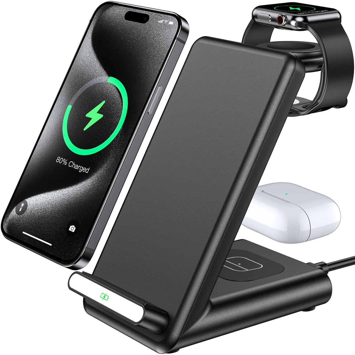 QKXC vista frontal de la estación 3 en 1 con teléfono, reloj y AirPods cargando