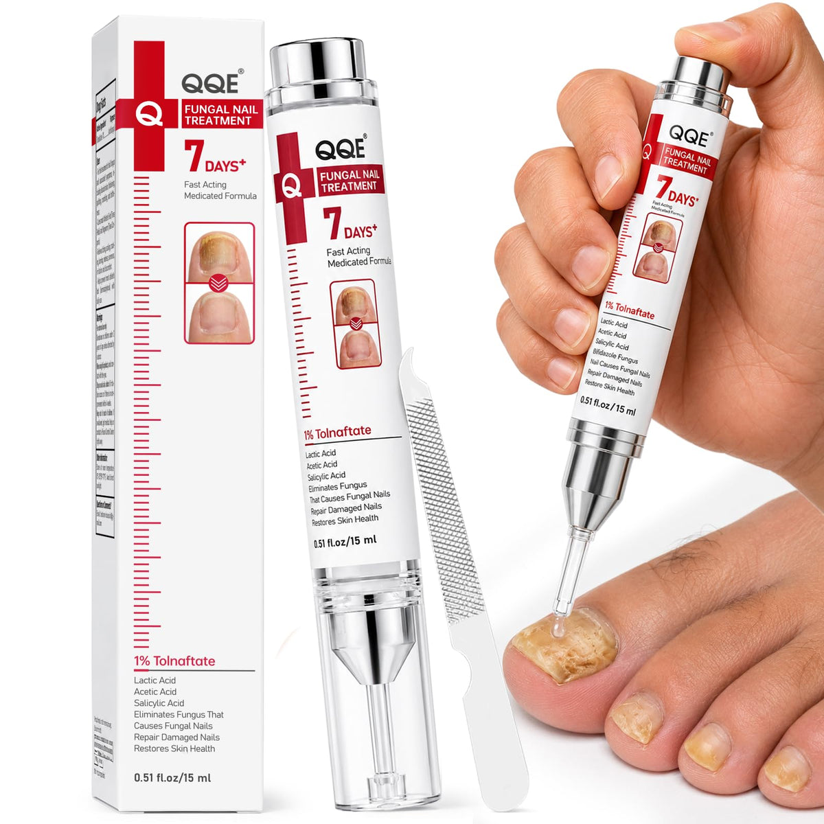 QQE frasco frontal 15ml mostrando diseño práctico y aplicación precisa