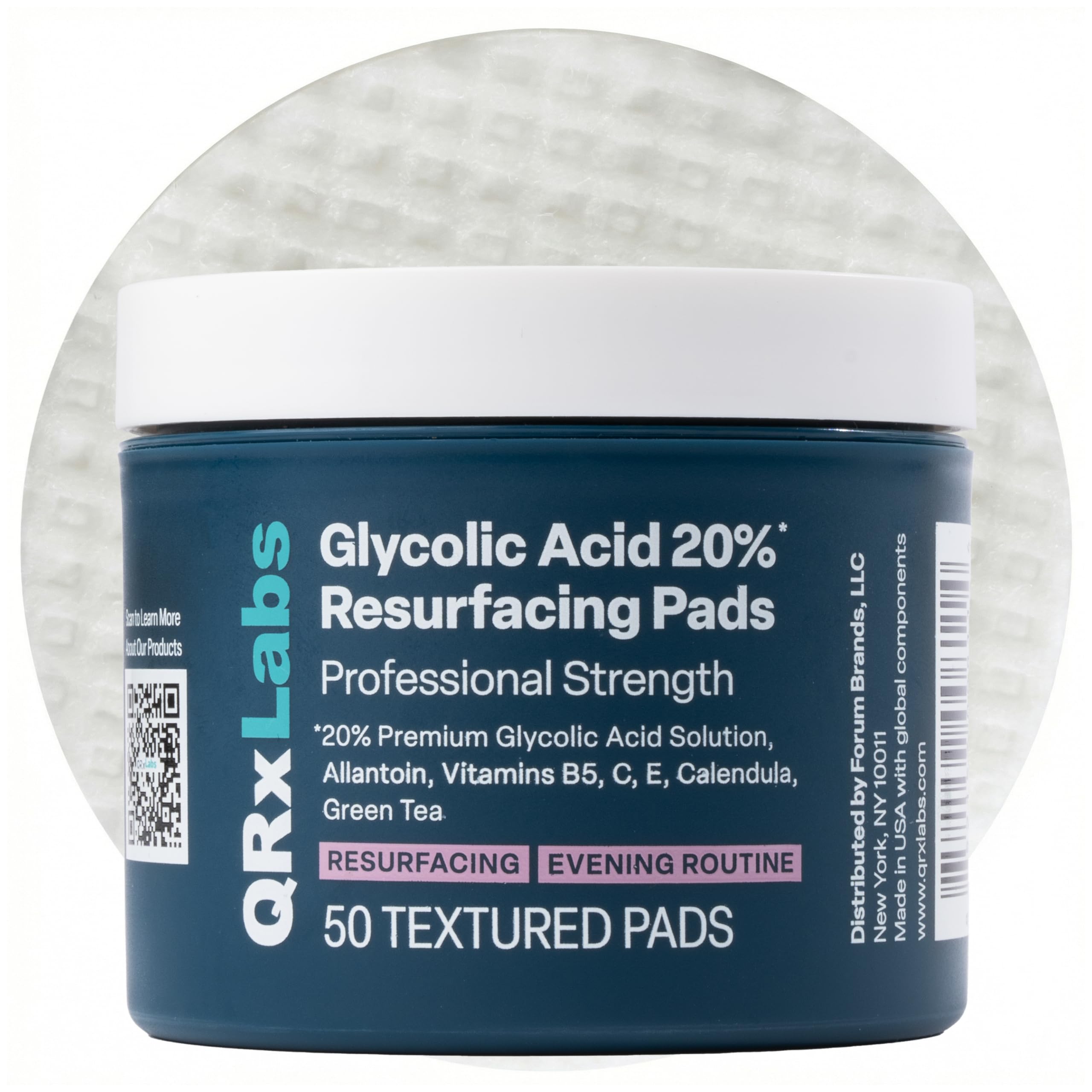 QRxLabs frasco frontal de pads AHA mostrando envase práctico y cantidad
