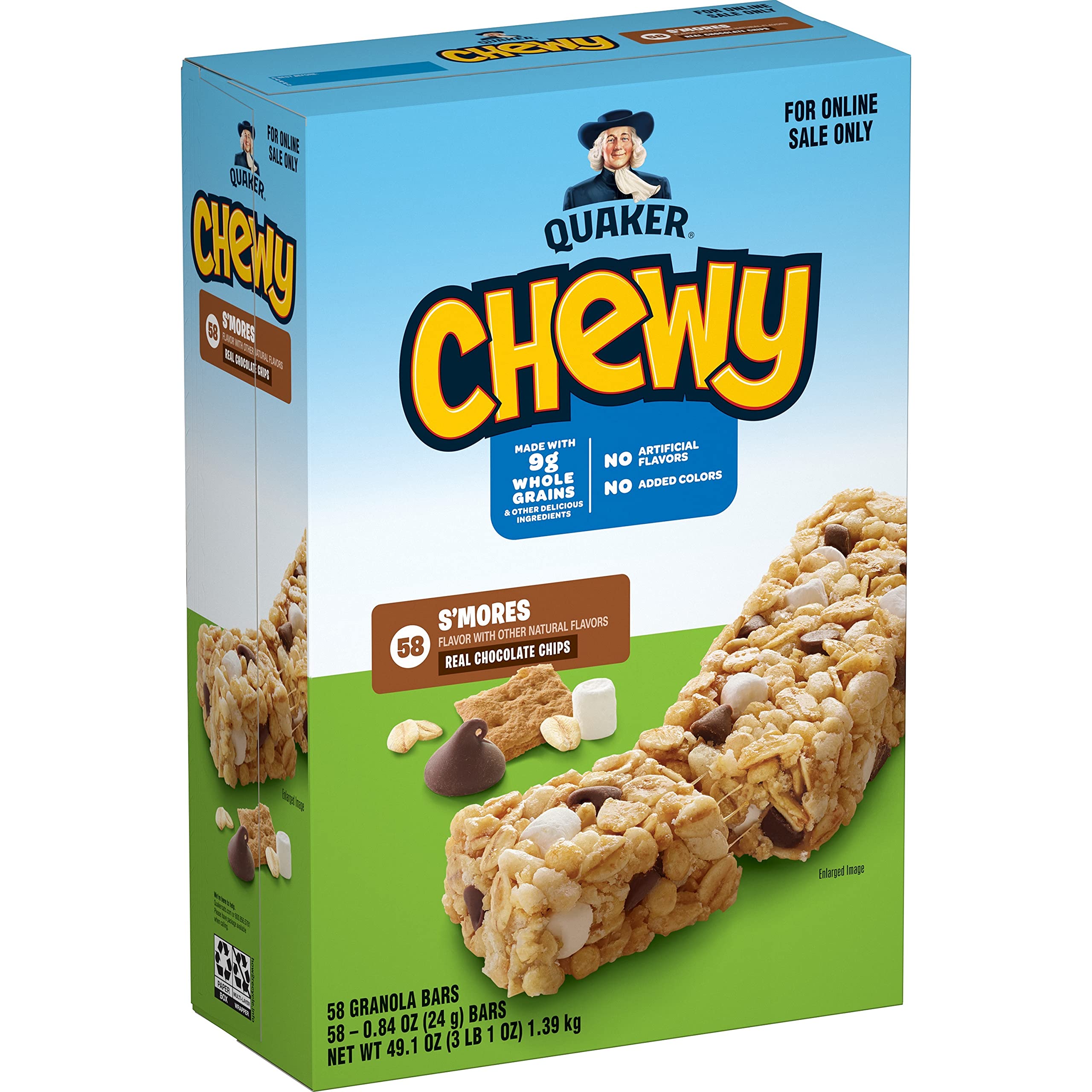 Quaker Chewy frente del empaque muestra 58 barras y beneficios prácticos