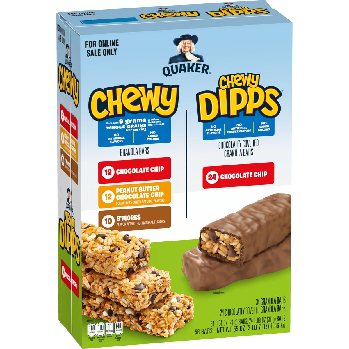 Quaker Chewy vista frontal del envase que muestra variedad y conveniencia