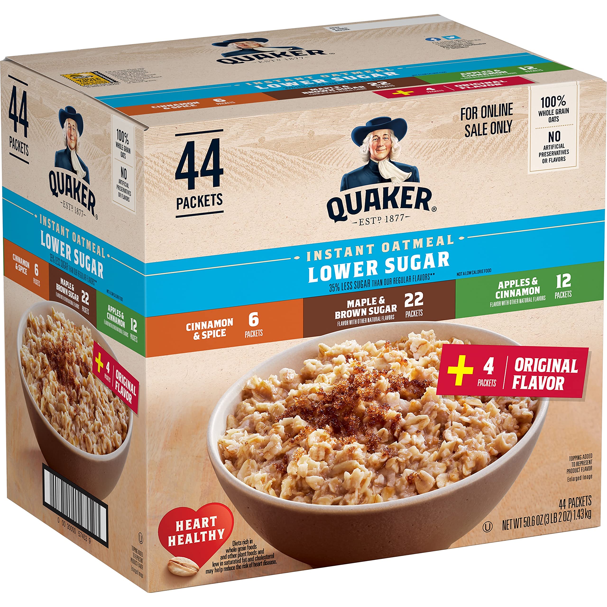 Quaker frente del paquete mostrando 44 sobres y variedad de sabores, práctico para despensa