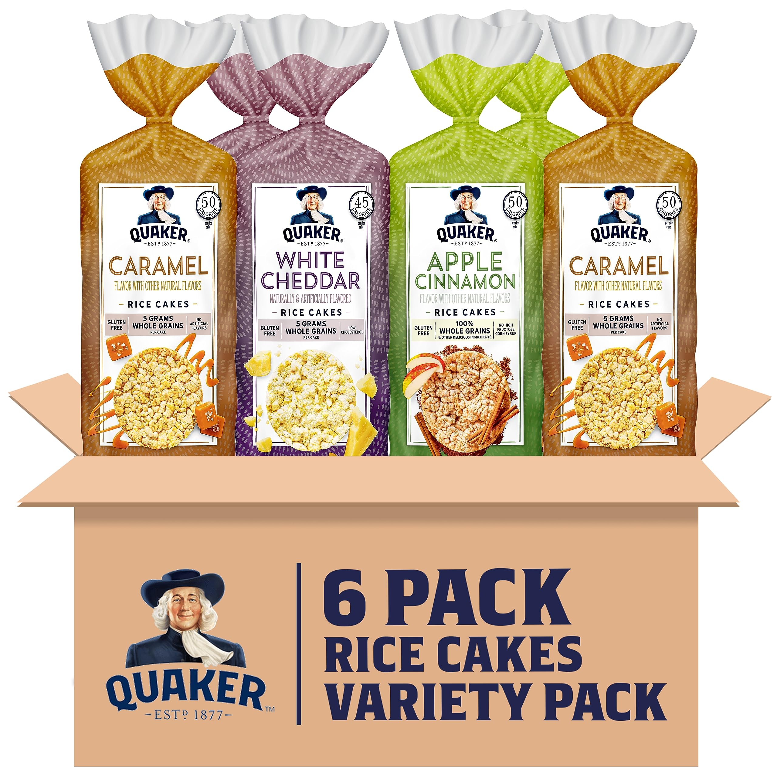 Quaker frente del paquete con los tres sabores, práctico para despensa
