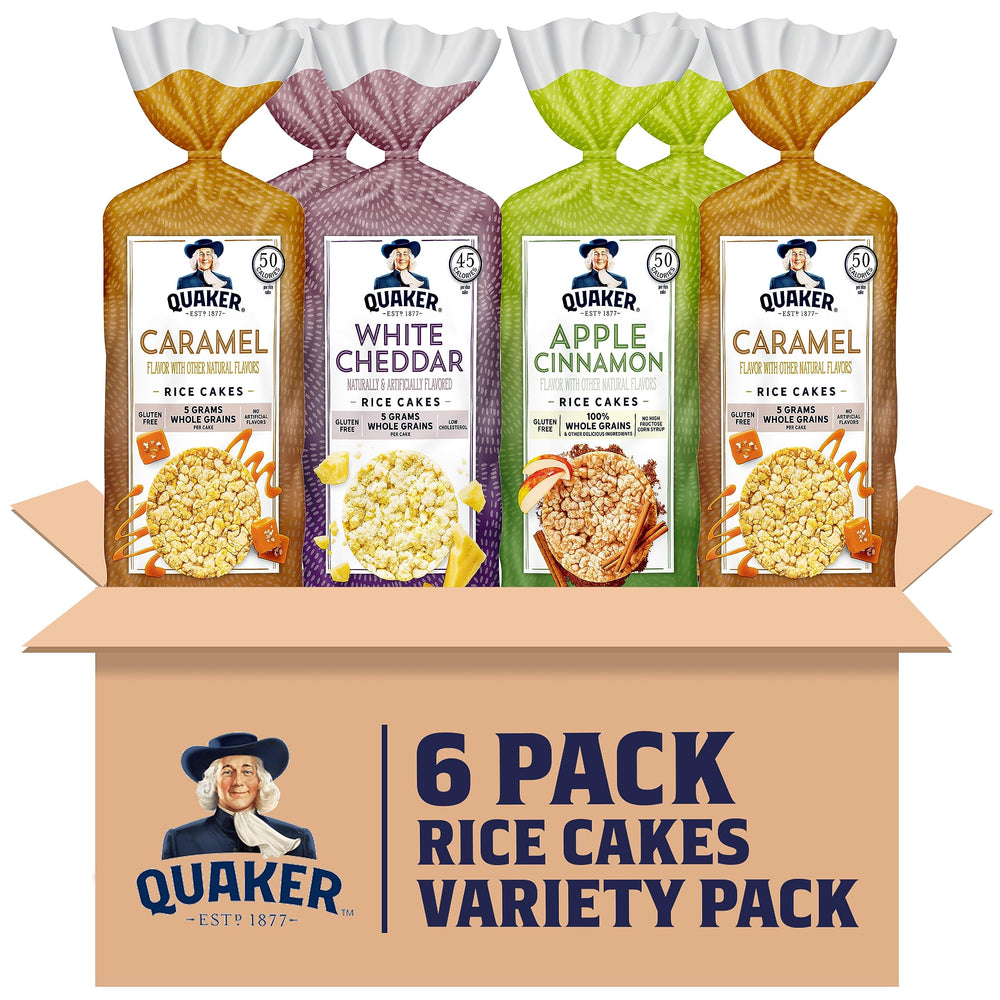 Quaker frente del paquete con los tres sabores, práctico para despensa