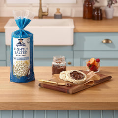 Quaker White Cheddar rice cake texture detail showing cheesy finish and savory appeal