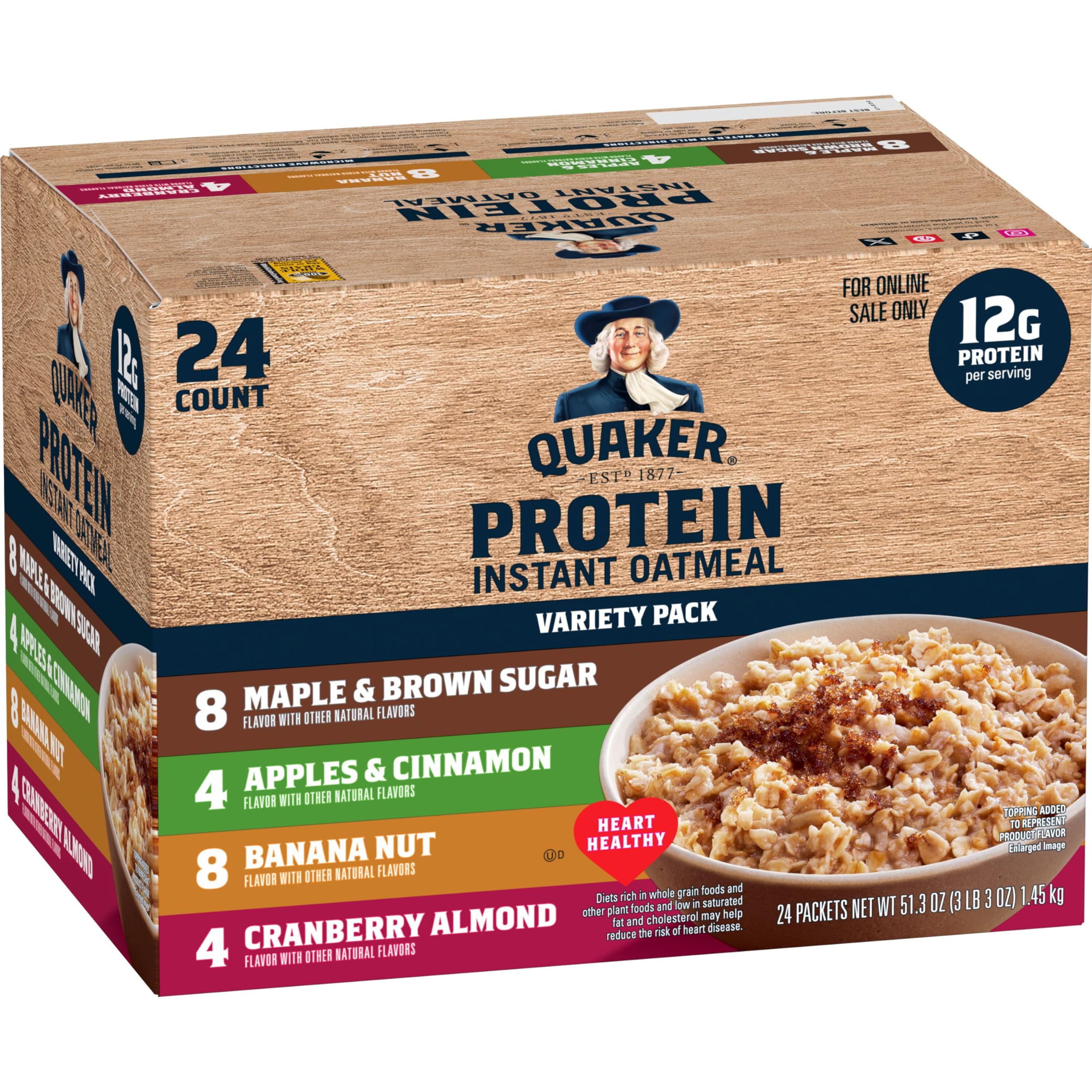 Quaker pack frente con 24 sobres variedad mostrando sabores y conveniencia