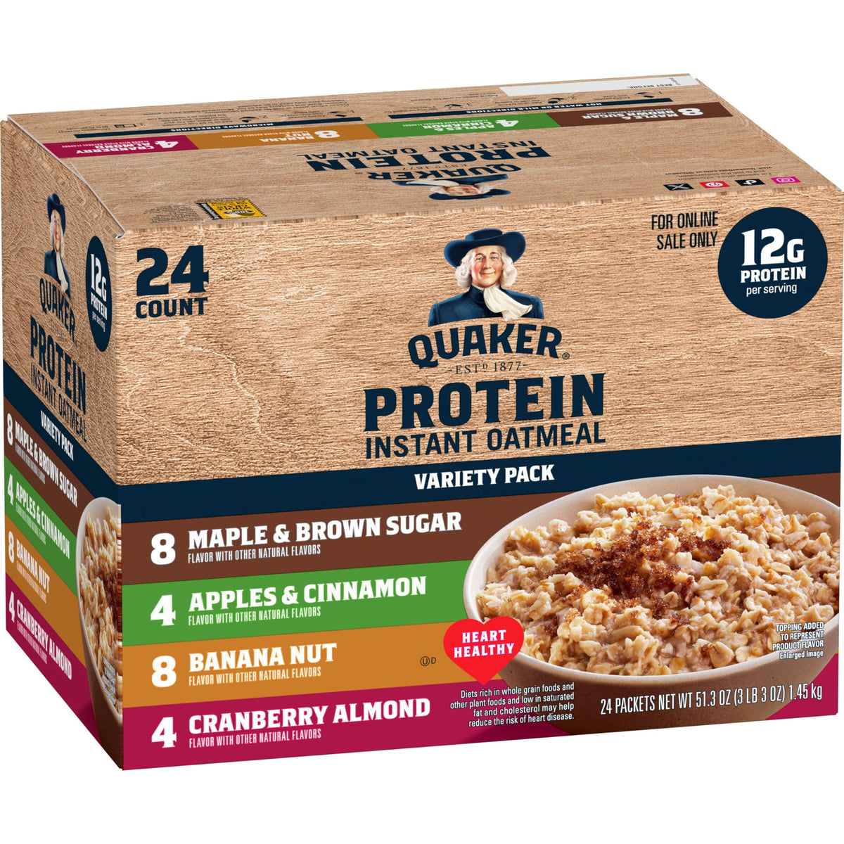 Quaker pack frente con 24 sobres variedad mostrando sabores y conveniencia