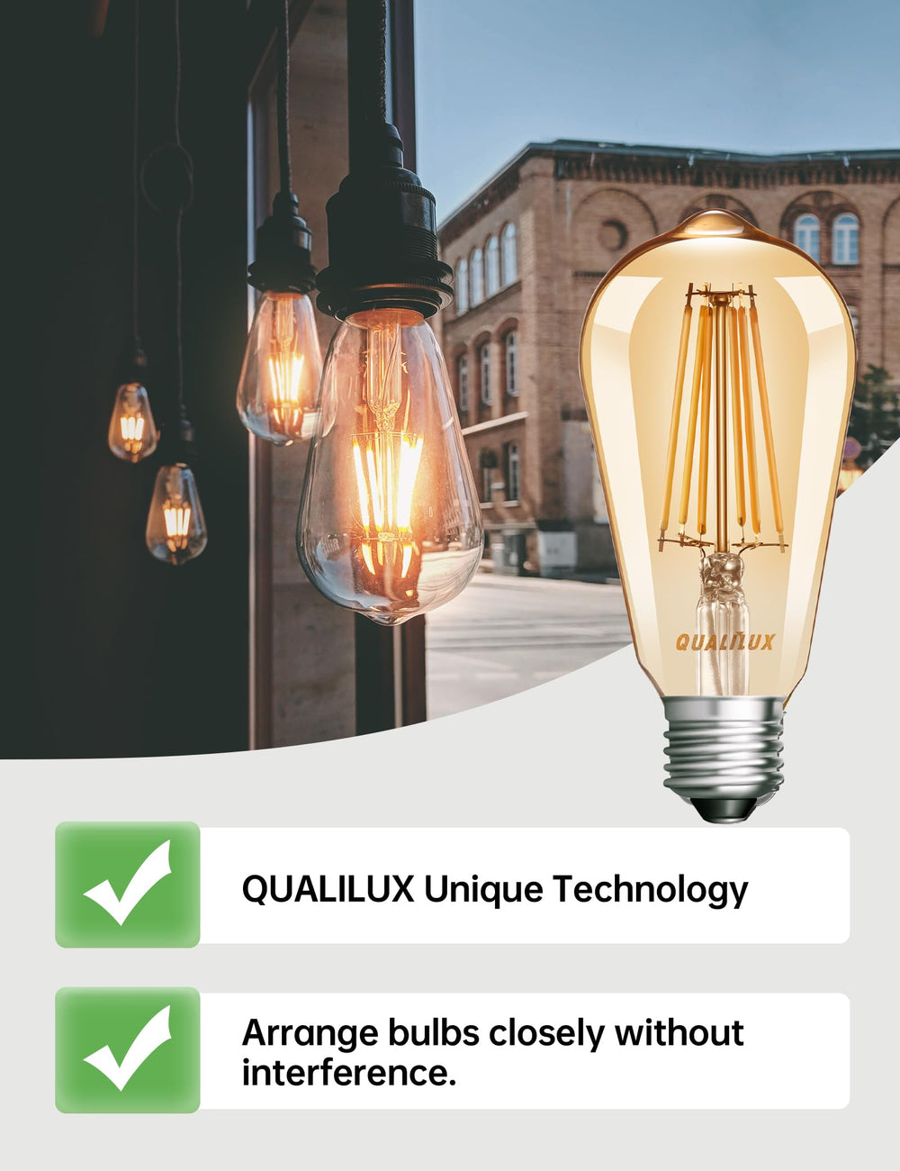 Qualilux detalle de filamento LED para estilo Edison y luz cálida visible