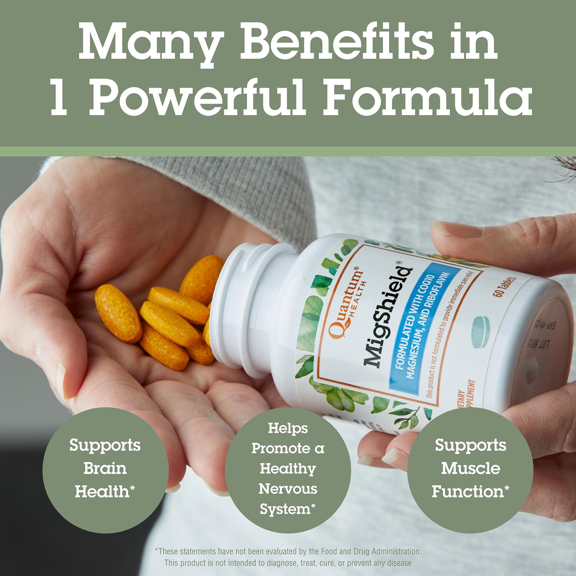 Etiqueta de Quantum MigShield con lista de ingredientes y beneficios visibles