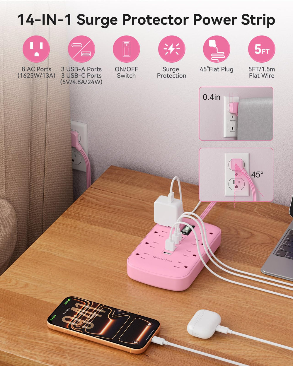 QuasarCheuk primer plano de puertos USB C y A, carga rápida y carga inteligente