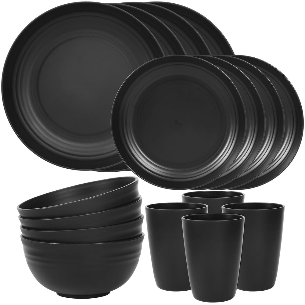 Quatish vista frontal del juego de vajilla negro, aspecto elegante y práctico