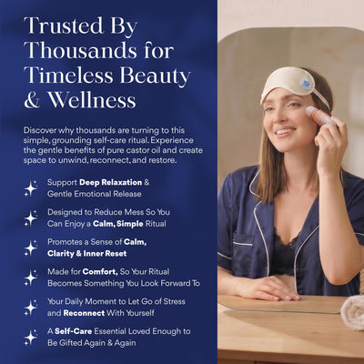 QUEEN OF THE THRONES roll-on beside a castor oil pack displaying less-mess application method