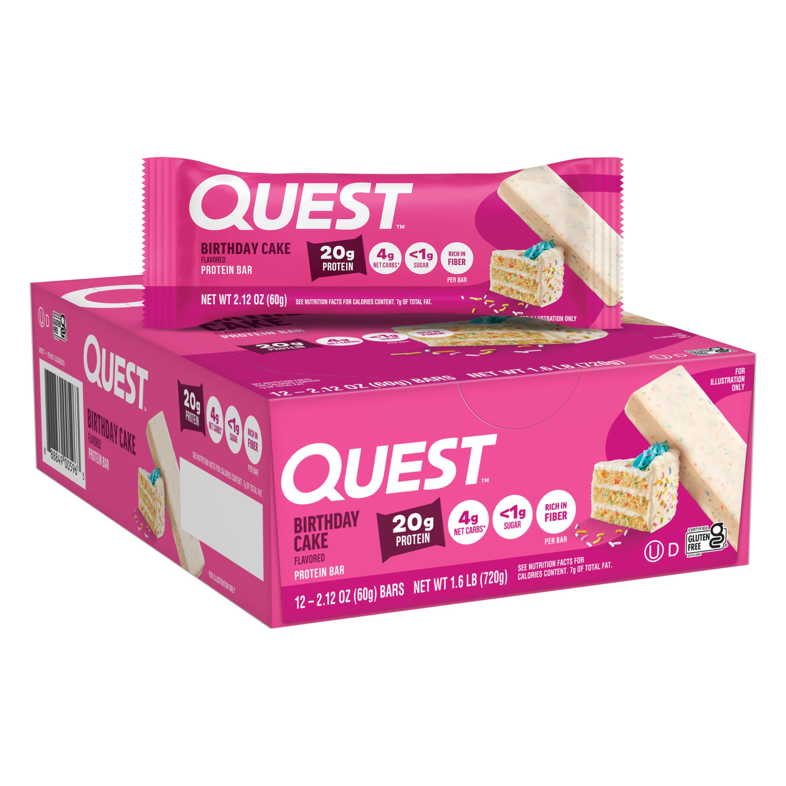 Quest envase frontal con caja de 12 barras mostrando marca y sabor